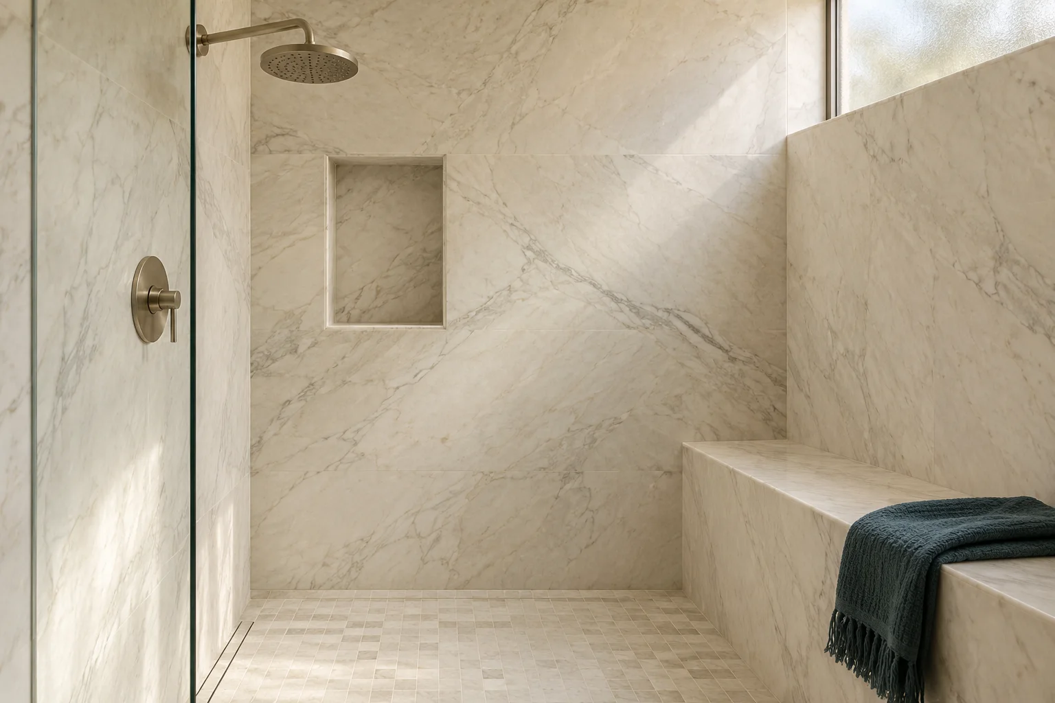 Ivory marble shower with a recessed niche, stone bench and deep teal towel