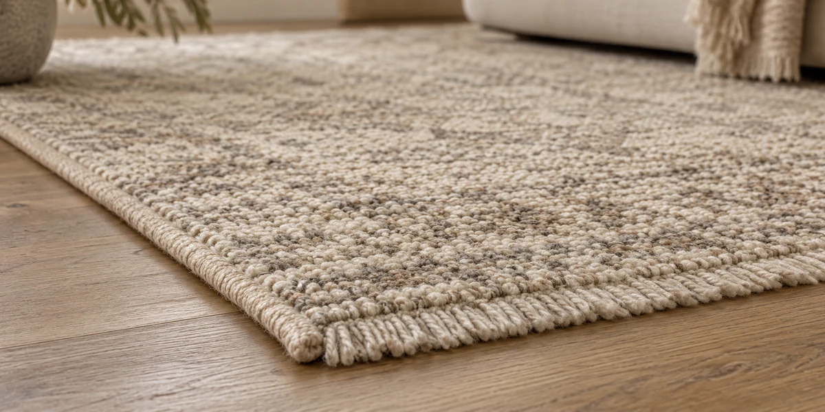 Ivory woven area rug with a fringed edge on oak flooring