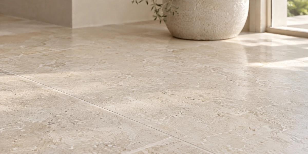 Clean ivory natural stone tiles with neat grout lines