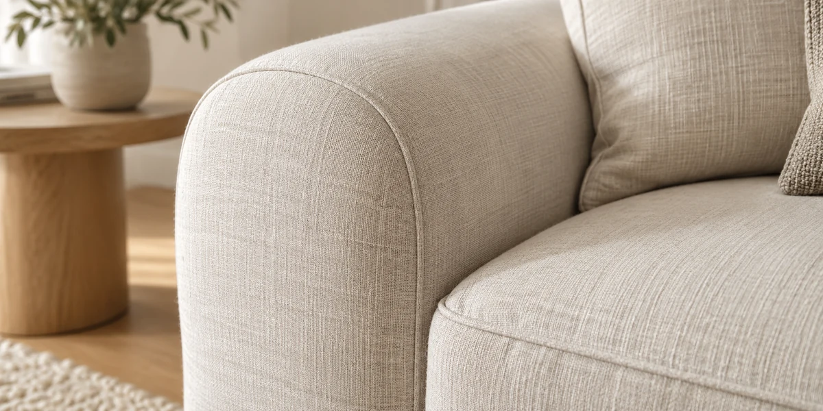 Close view of a clean bone linen sofa arm and cushion seam