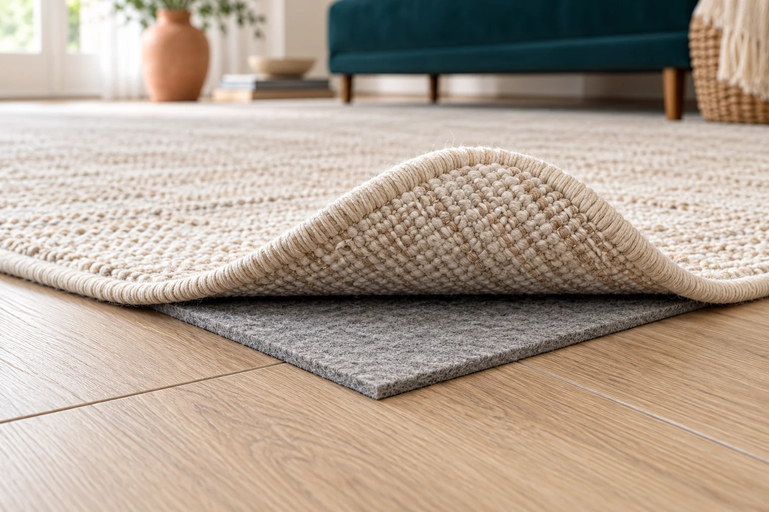 Corner of an ivory woven rug lifted to show a gray felt pad on pale wood-look flooring