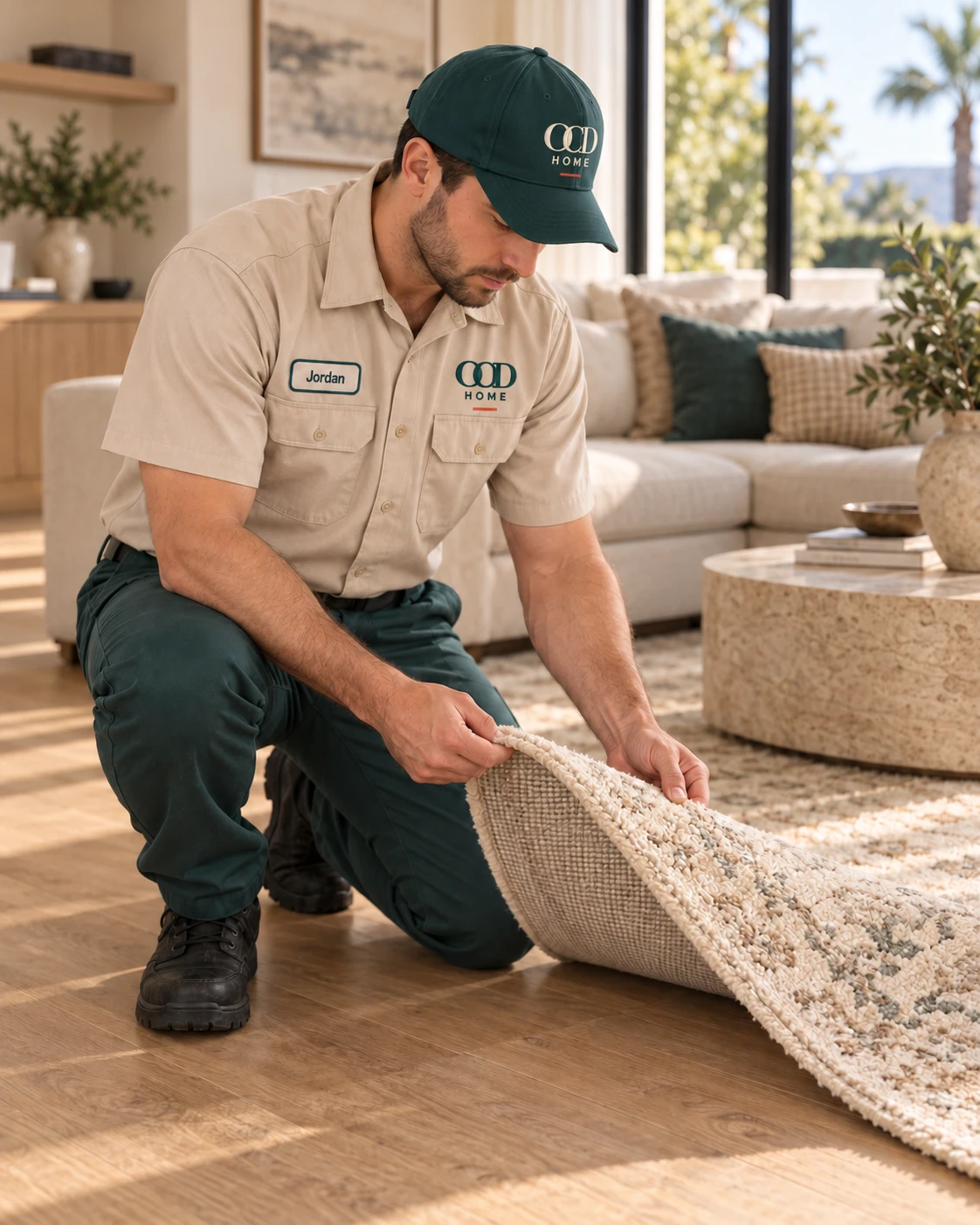 Illustrative OCD HOME technician inspecting an area rug in a bone uniform with a Jordan name patch