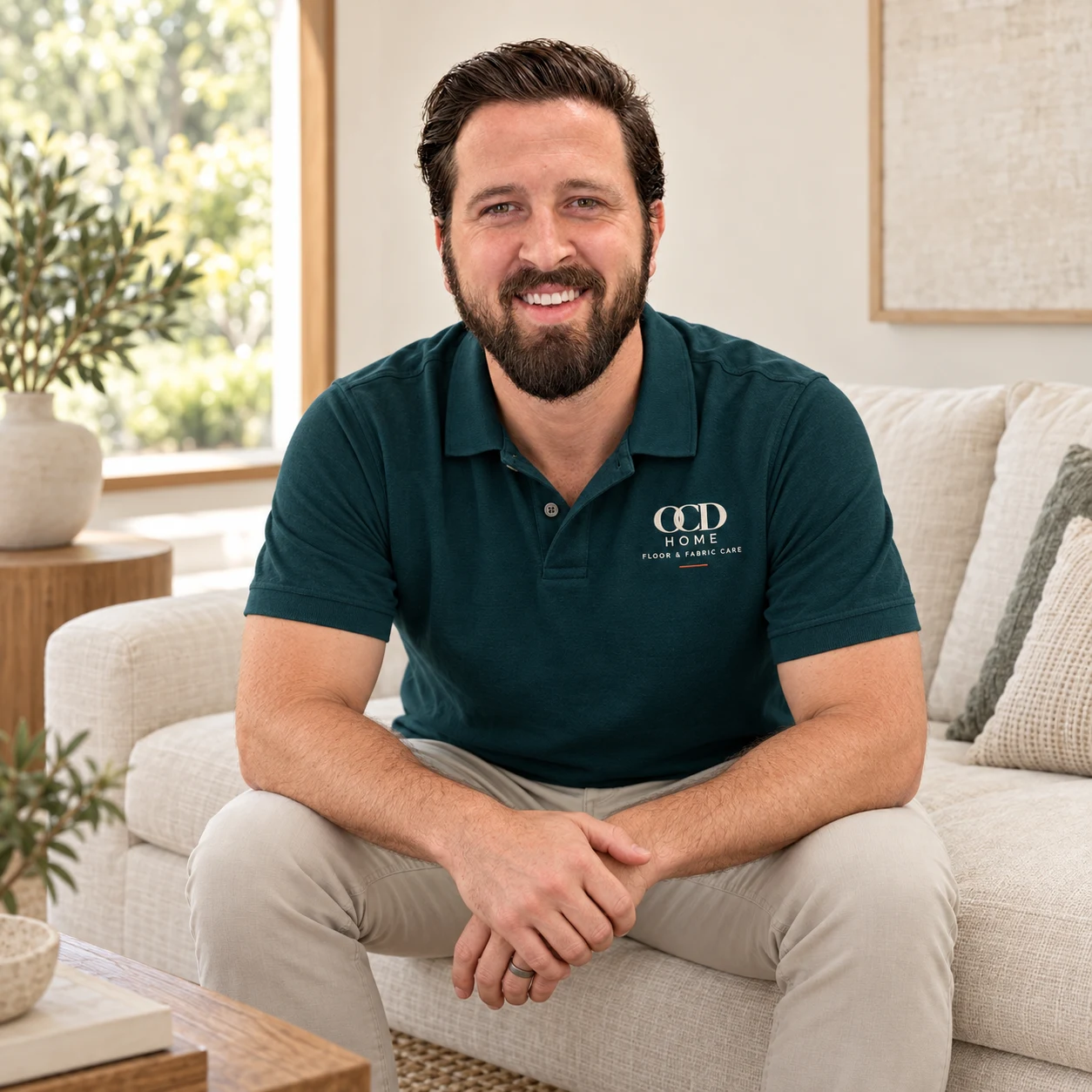 Illustrative portrait of Jordan Waterman seated in a sunlit living room wearing his OCD HOME polo