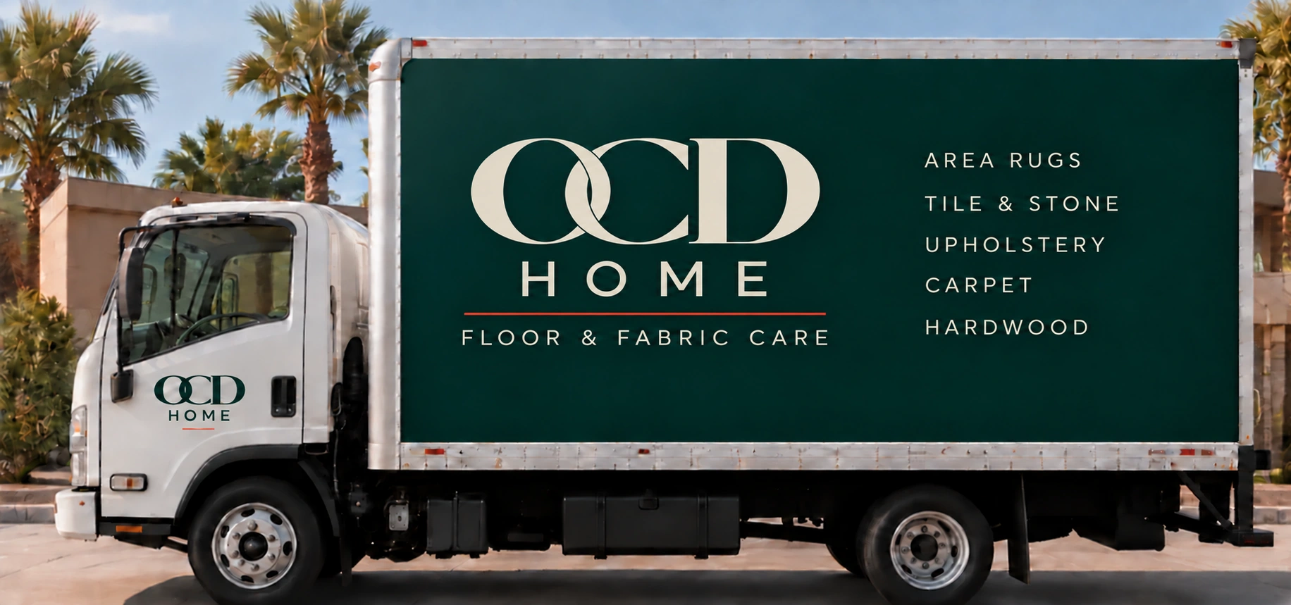OCD HOME truck wrap concept in deep teal, bone and coral