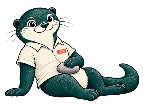 Ollie resting beside the OCD HOME logo