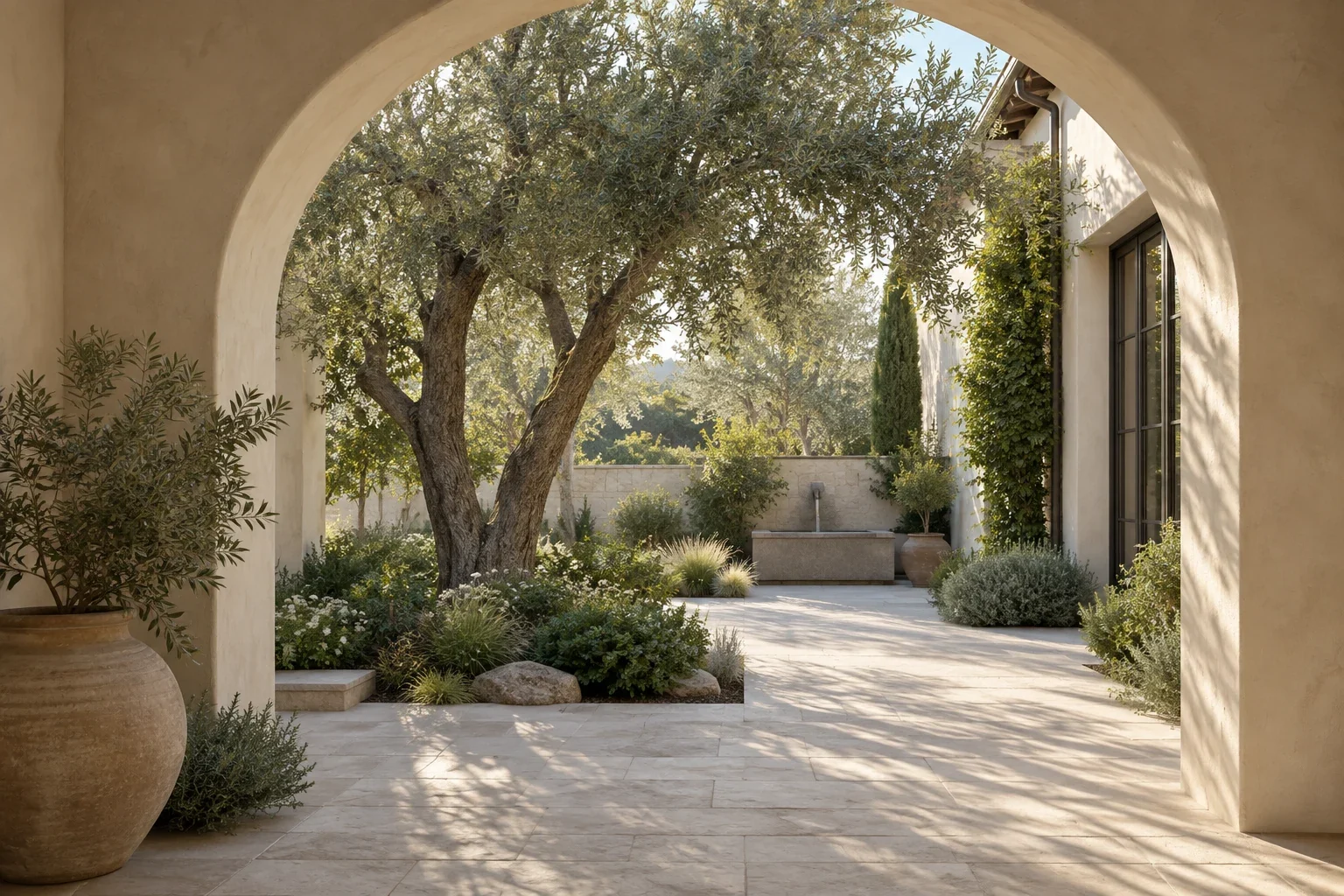 An olive tree framed by a plaster arch in a sunlit courtyard