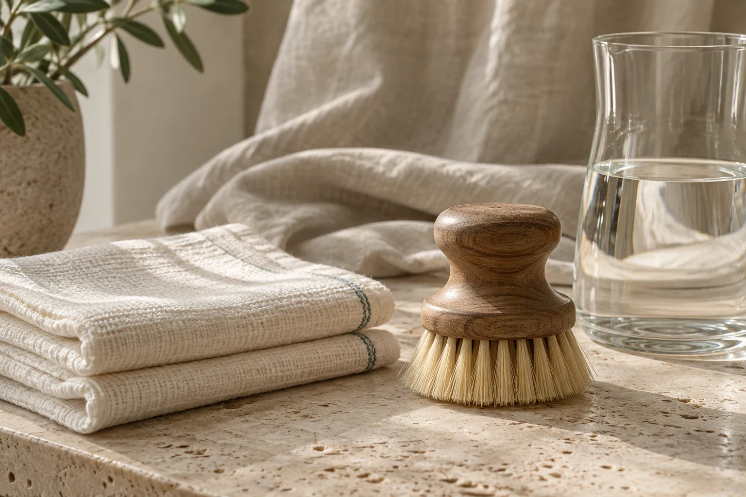 Folded ivory cloths and a soft brush on natural stone