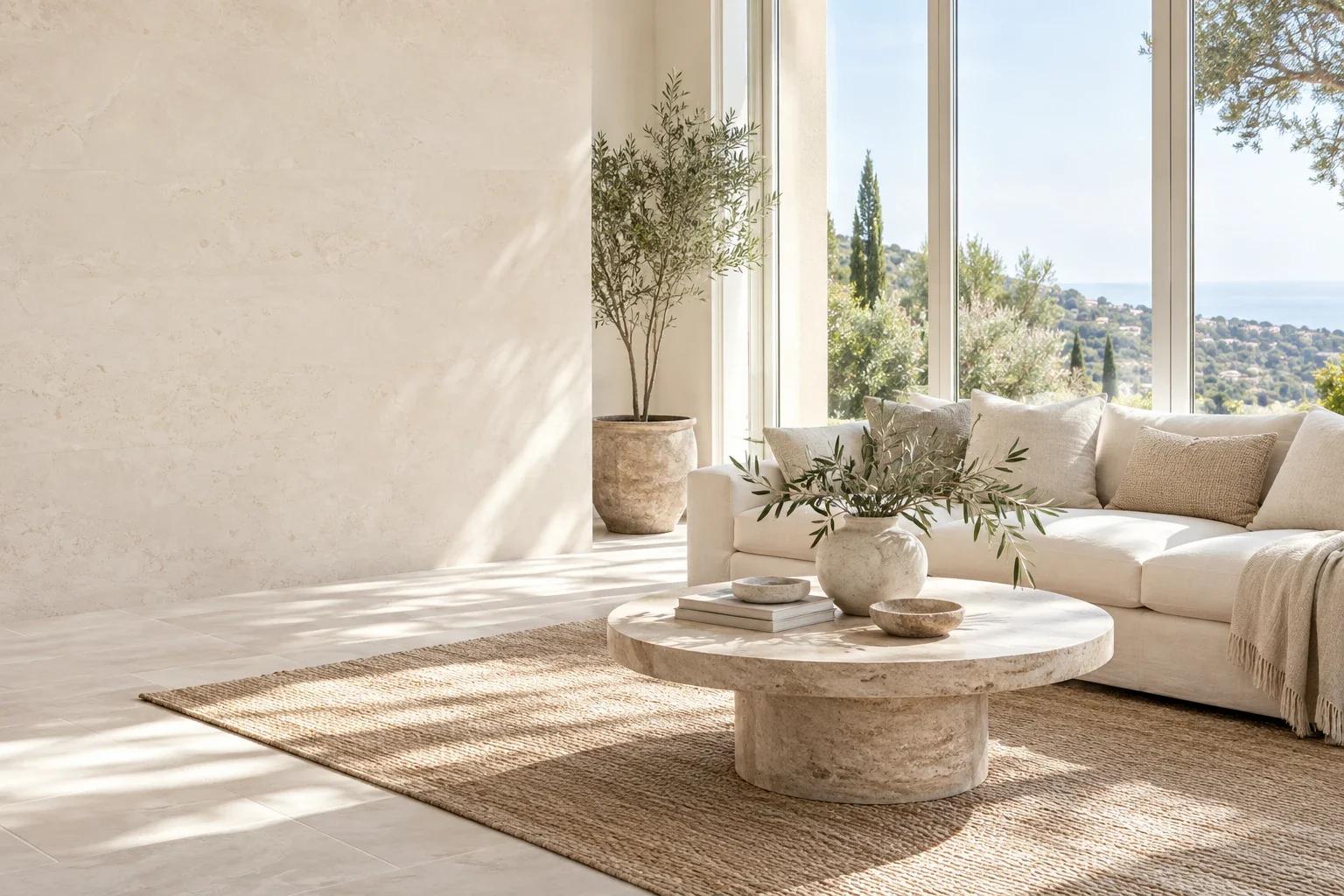 A sunlit living room with an ivory sofa, natural rug and travertine coffee table