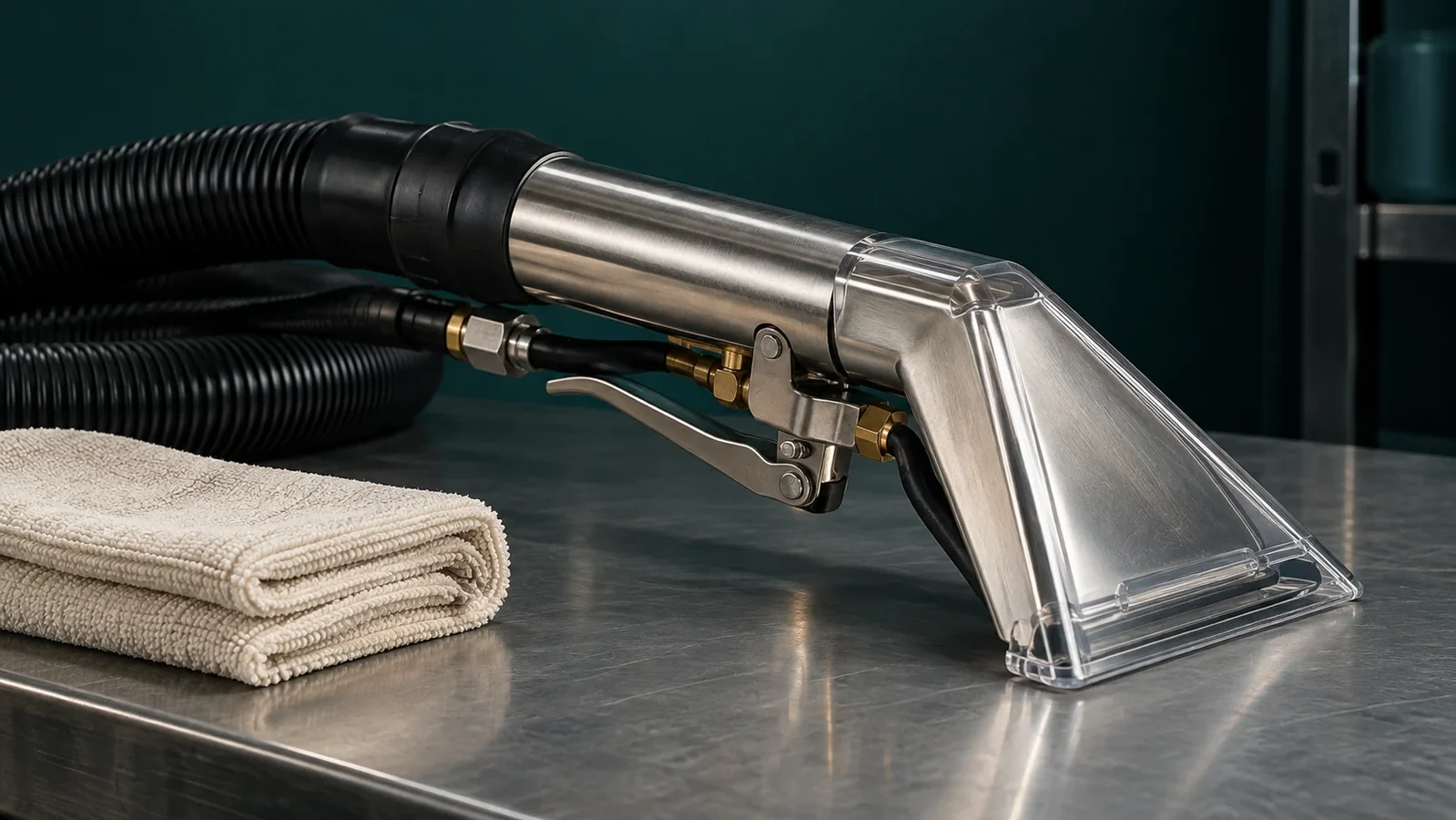 Professional upholstery extraction equipment and neatly folded cleaning cloths