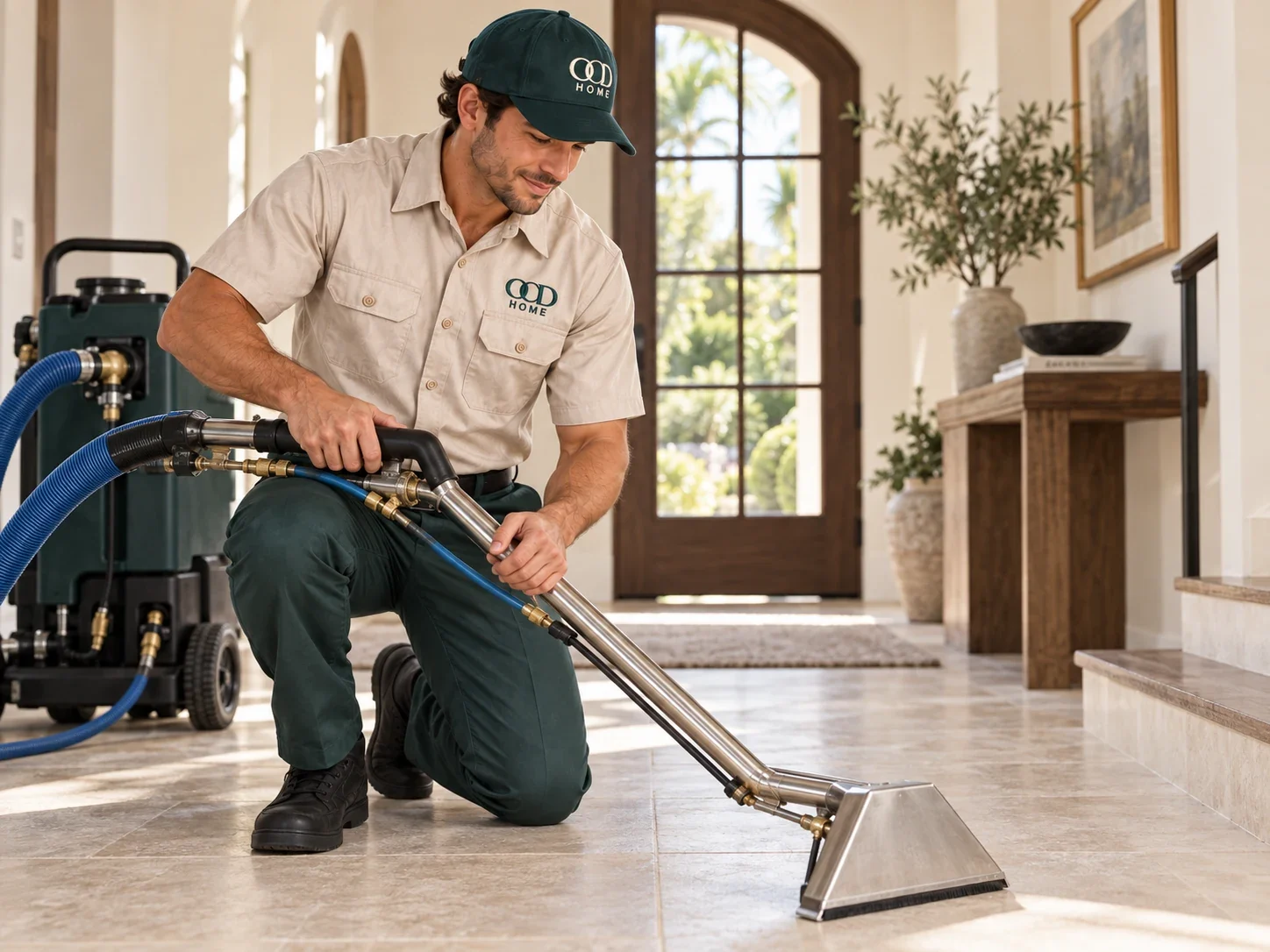 A floor-care technician in OCD HOME’s bone and deep teal uniform