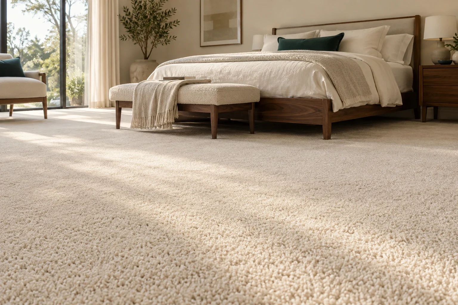 Ivory carpet beneath a bed and upholstered bench in a sunlit bedroom