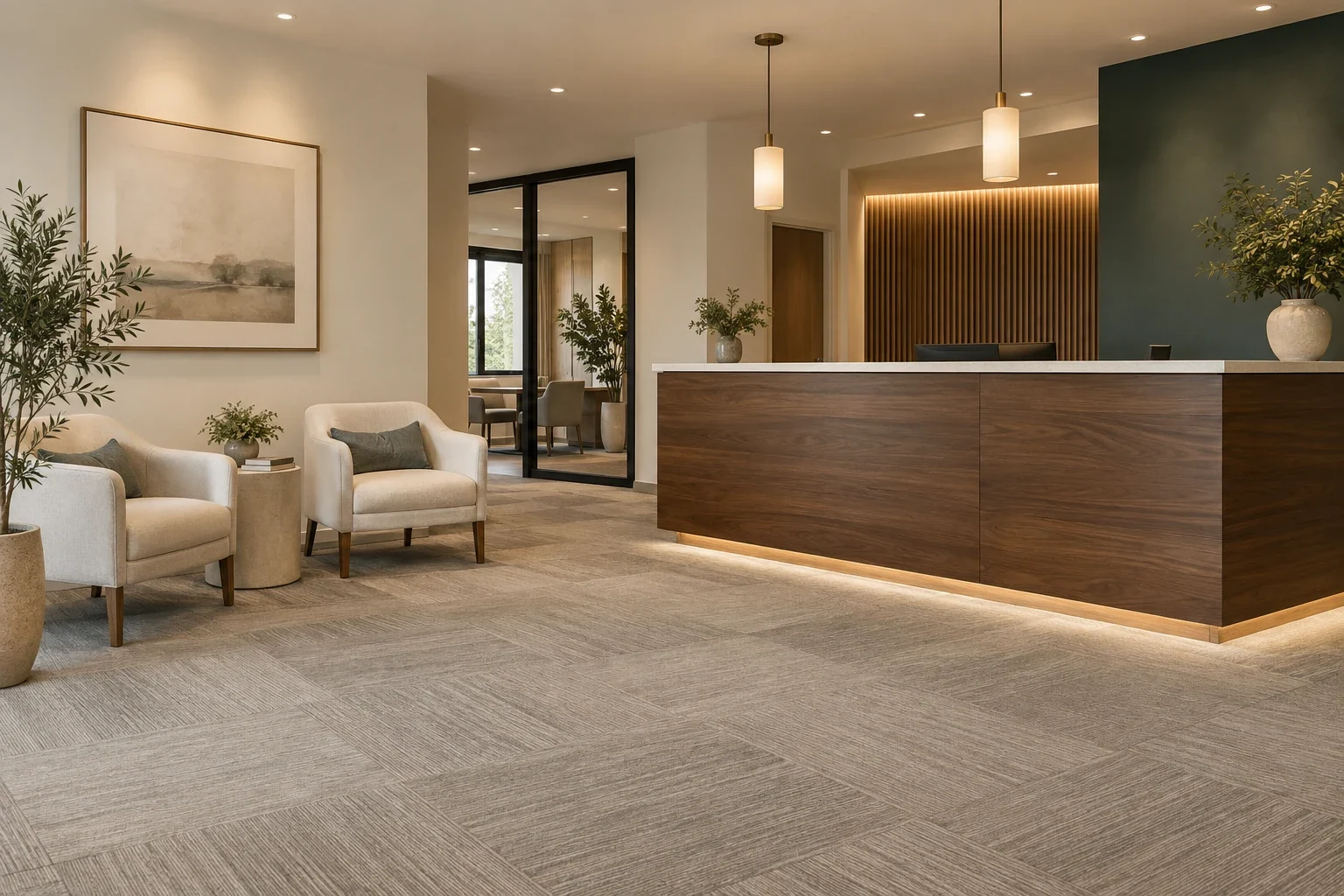 Carpeted commercial reception with upholstered seating and a wood desk