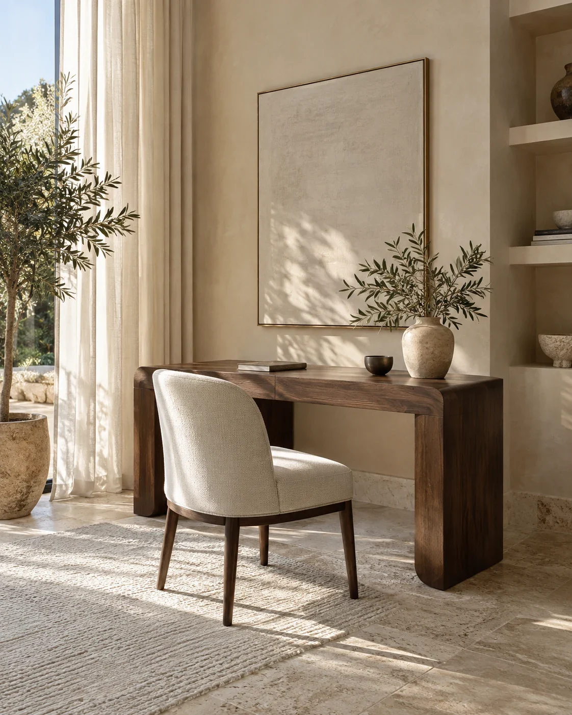 A sunlit writing desk with a cream upholstered chair, natural stone flooring and olive branches