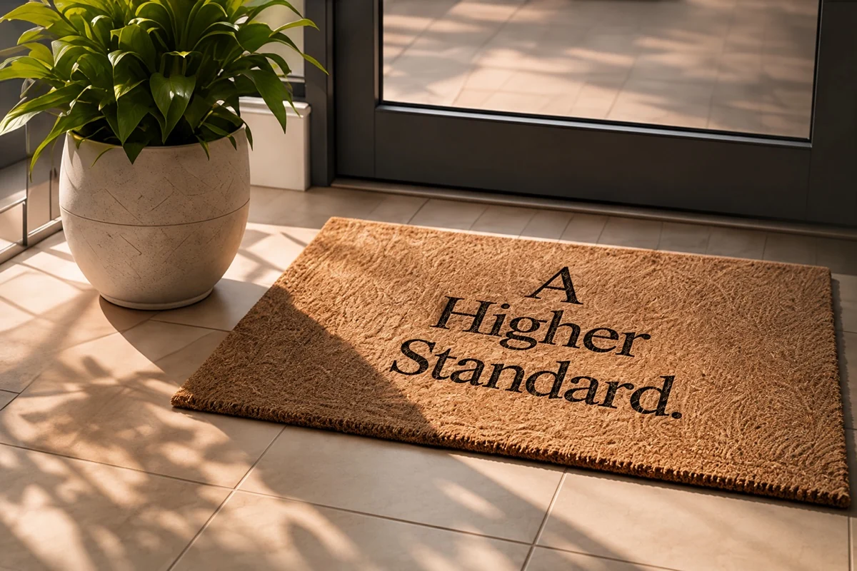 Sunlit entryway with a doormat reading A Higher Standard.