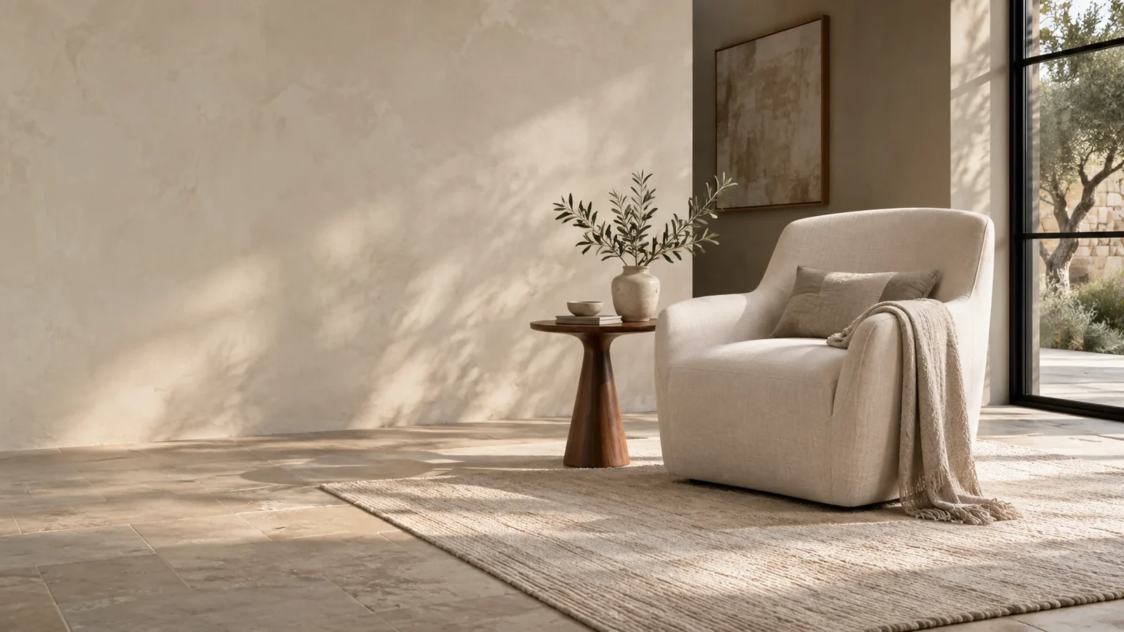 An ivory lounge chair, walnut side table and textured rug in a sunlit reading nook with natural stone flooring