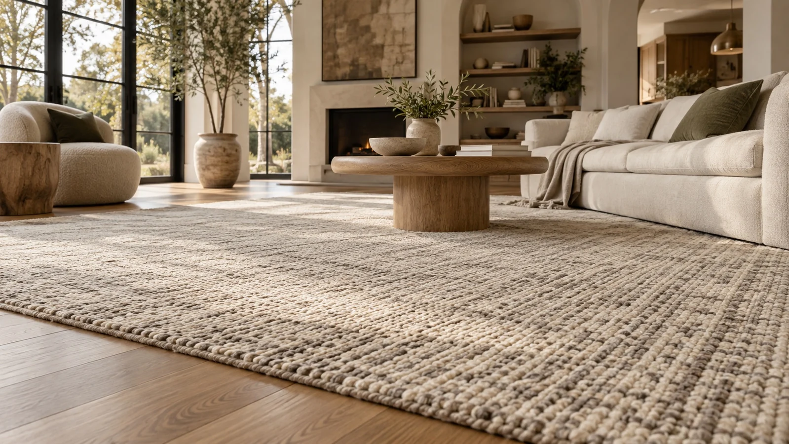 A textured ivory area rug in a warm, welcoming living room