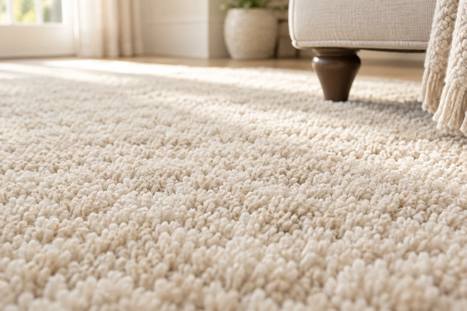 Soft ivory carpet in a sunlit home
