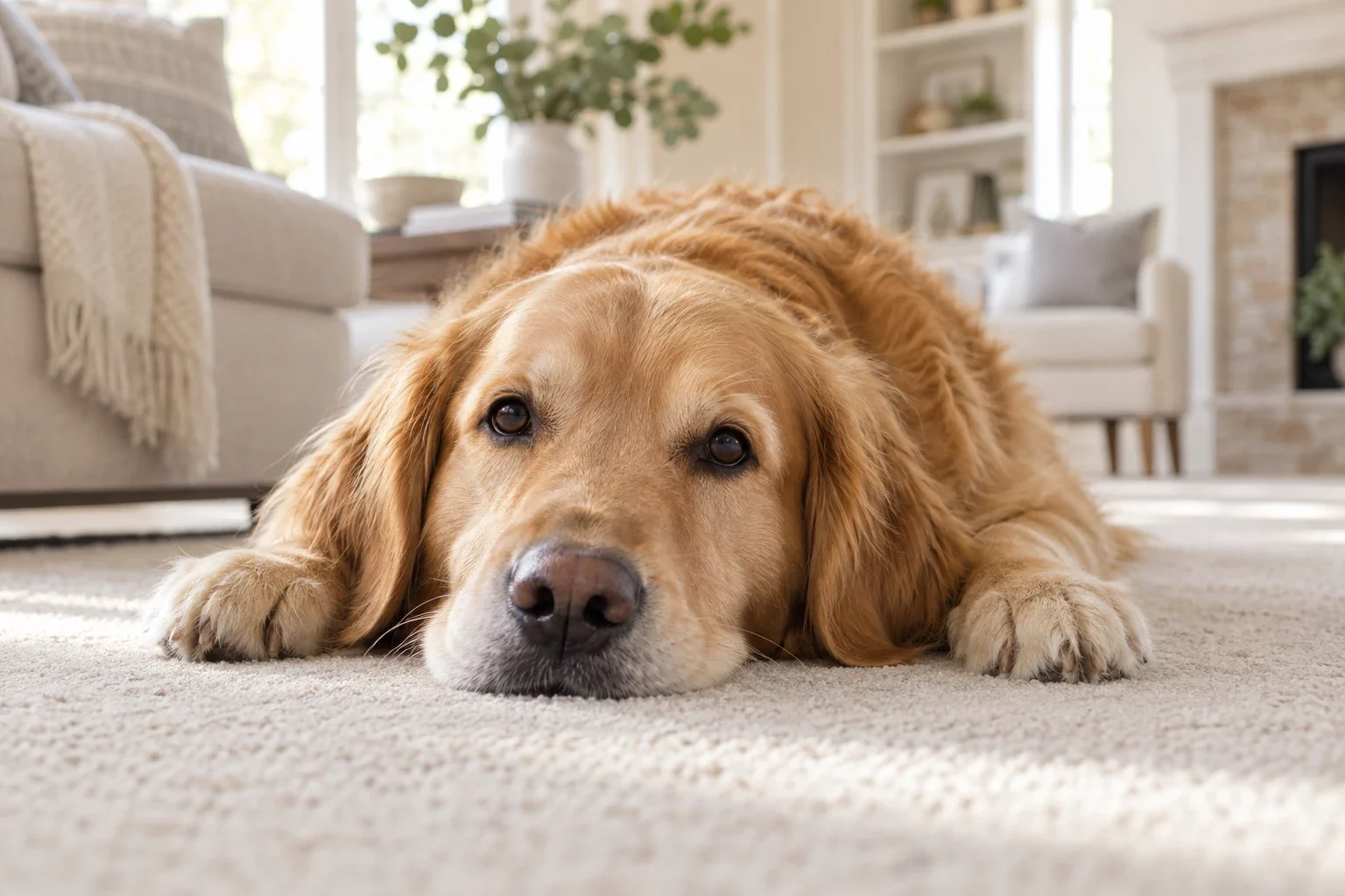 A golden retriever resting on a pale carpet