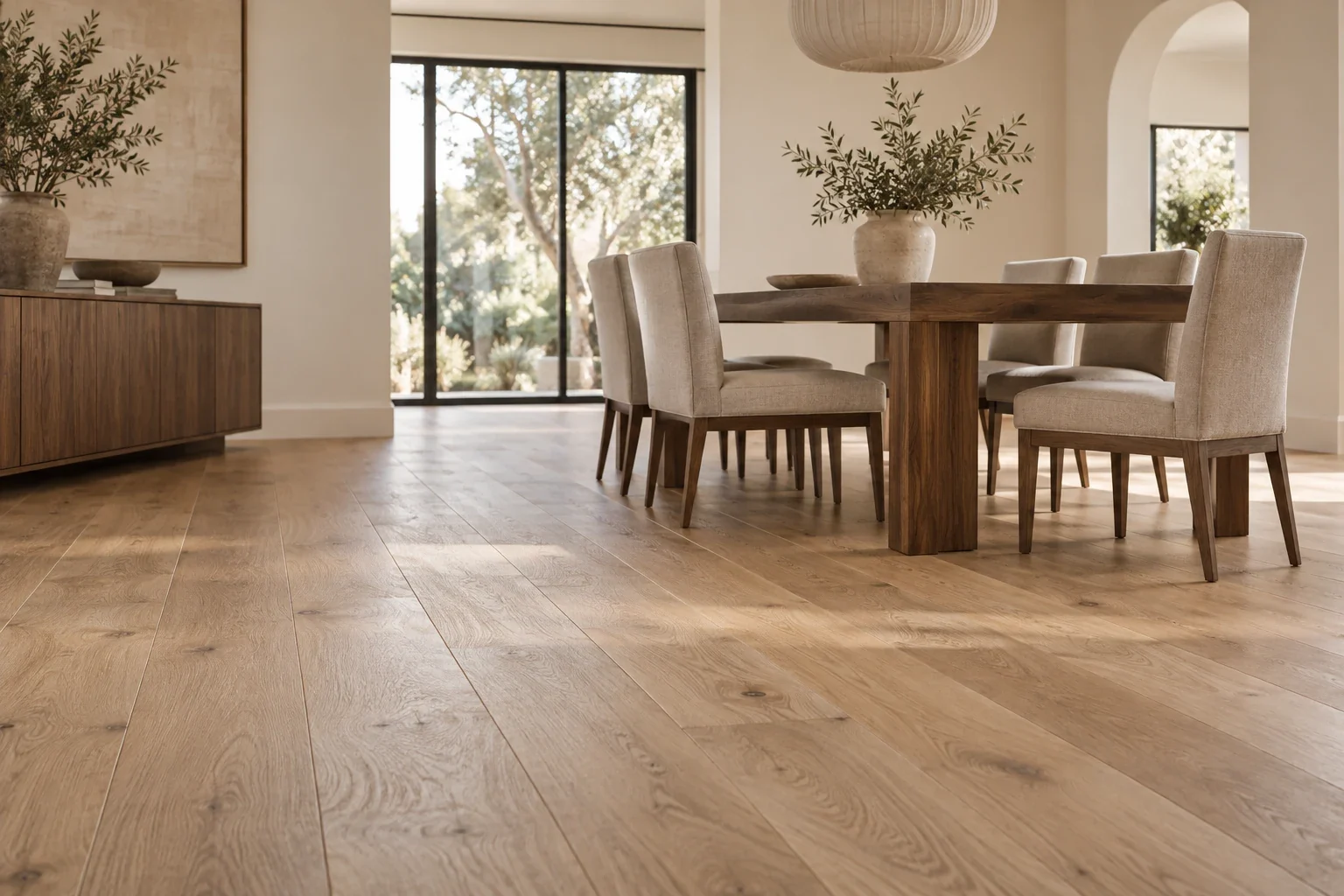 Wide wood floorboards in a dining room with upholstered chairs