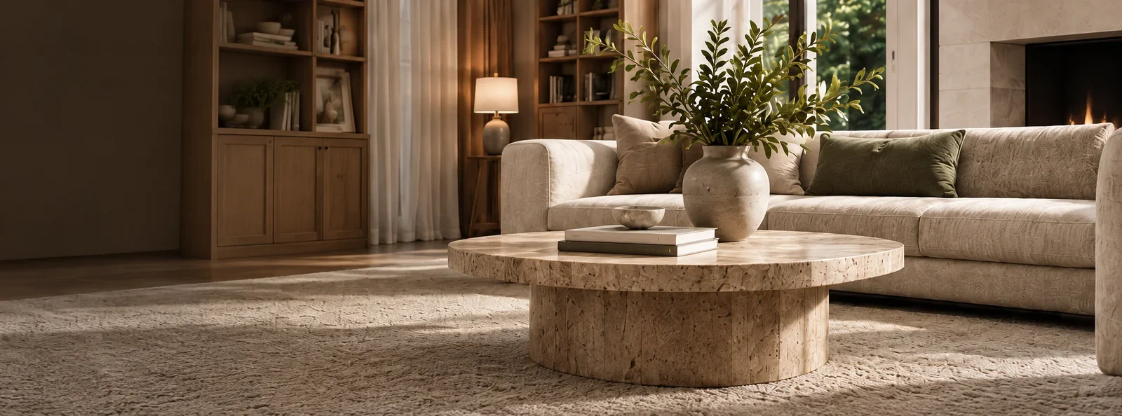 Neutral living room with natural stone and soft fabrics