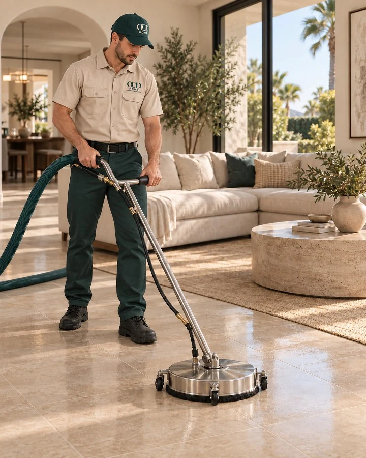 OCD HOME technician in a bone and deep teal uniform cleaning a tile floor