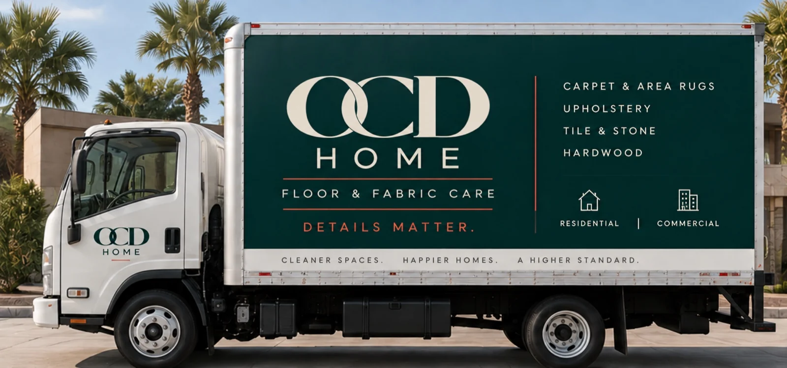 OCD HOME truck wrap concept in deep teal, bone and coral