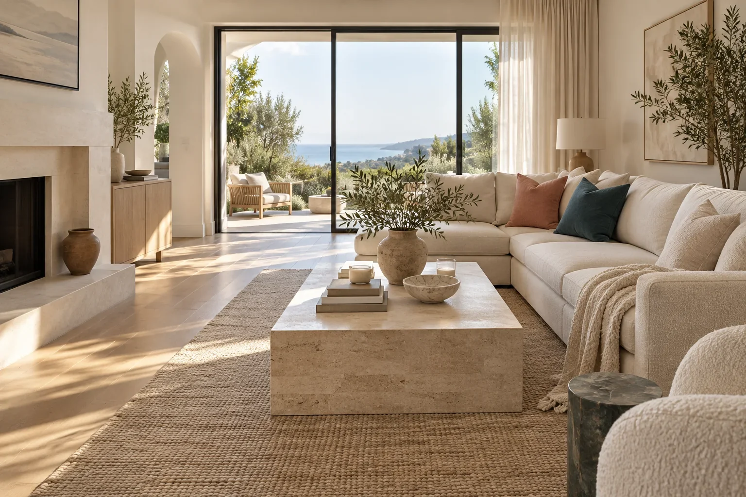 A welcoming room with soft upholstery and natural finishes