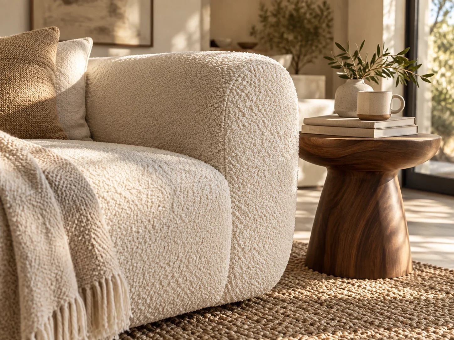 Soft upholstery and a woven rug beside a walnut table in a welcoming home