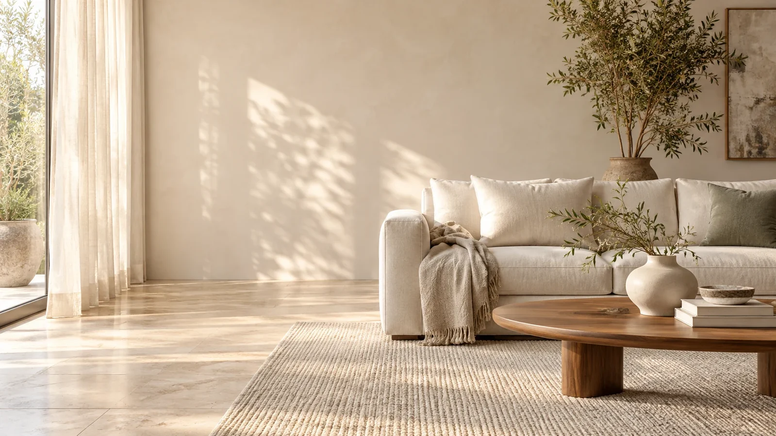 A sunlit living room with a linen sofa, soft rug and natural stone flooring