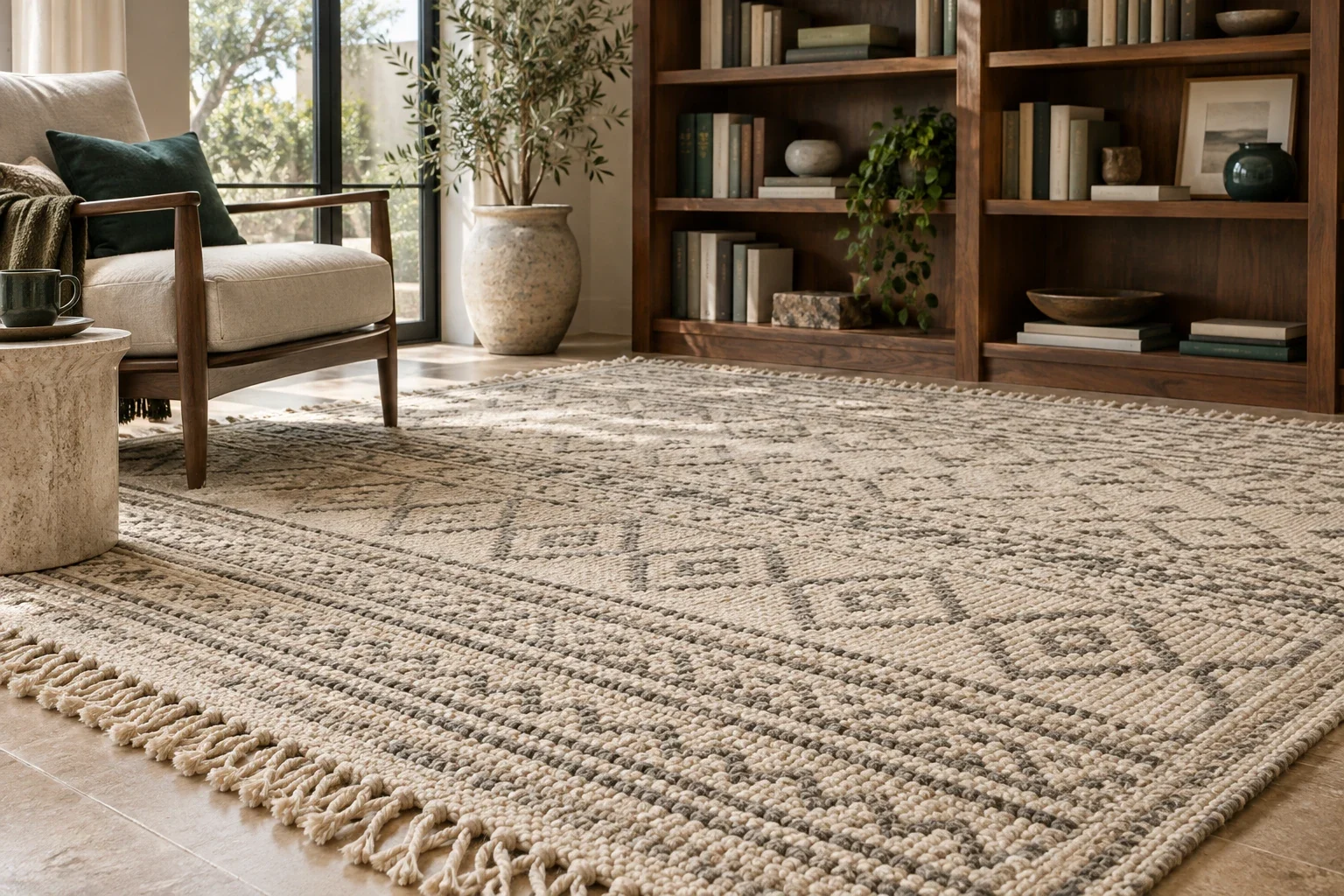 Textured area rug with fringed edges beside an armchair and bookcase