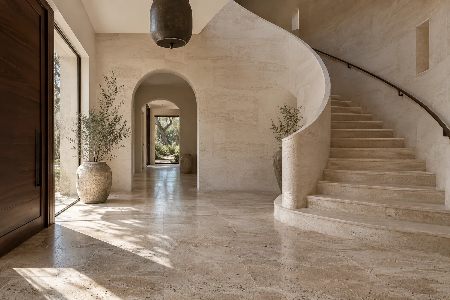 Natural stone flooring and a curved stone staircase in a sunlit entry