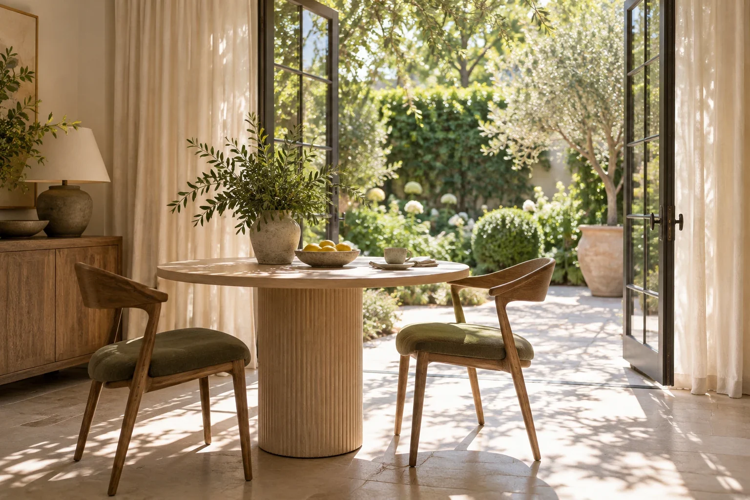 A sunlit breakfast nook opening onto a garden