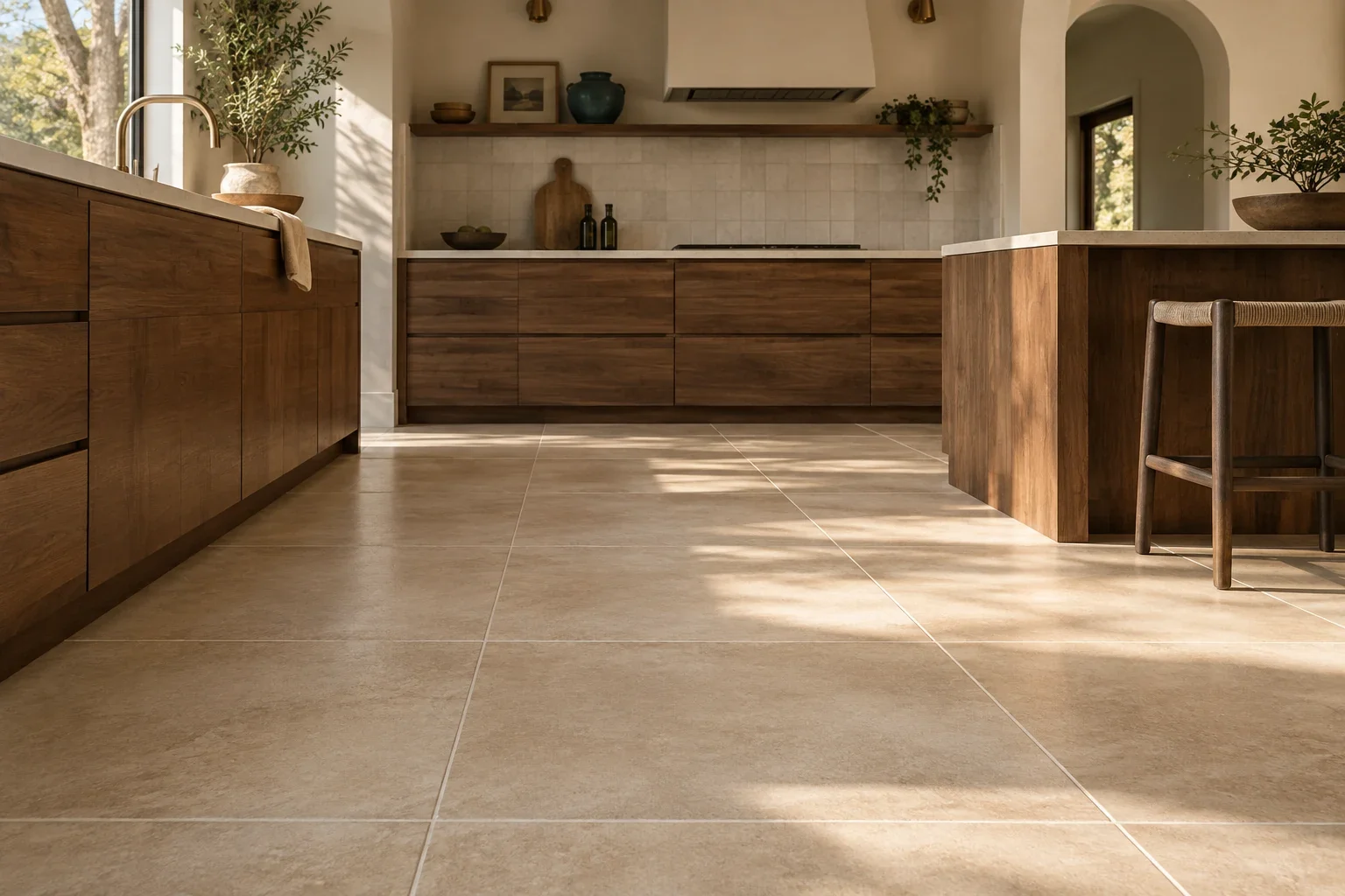 Large beige floor tiles and grout lines in a kitchen with wood cabinetry