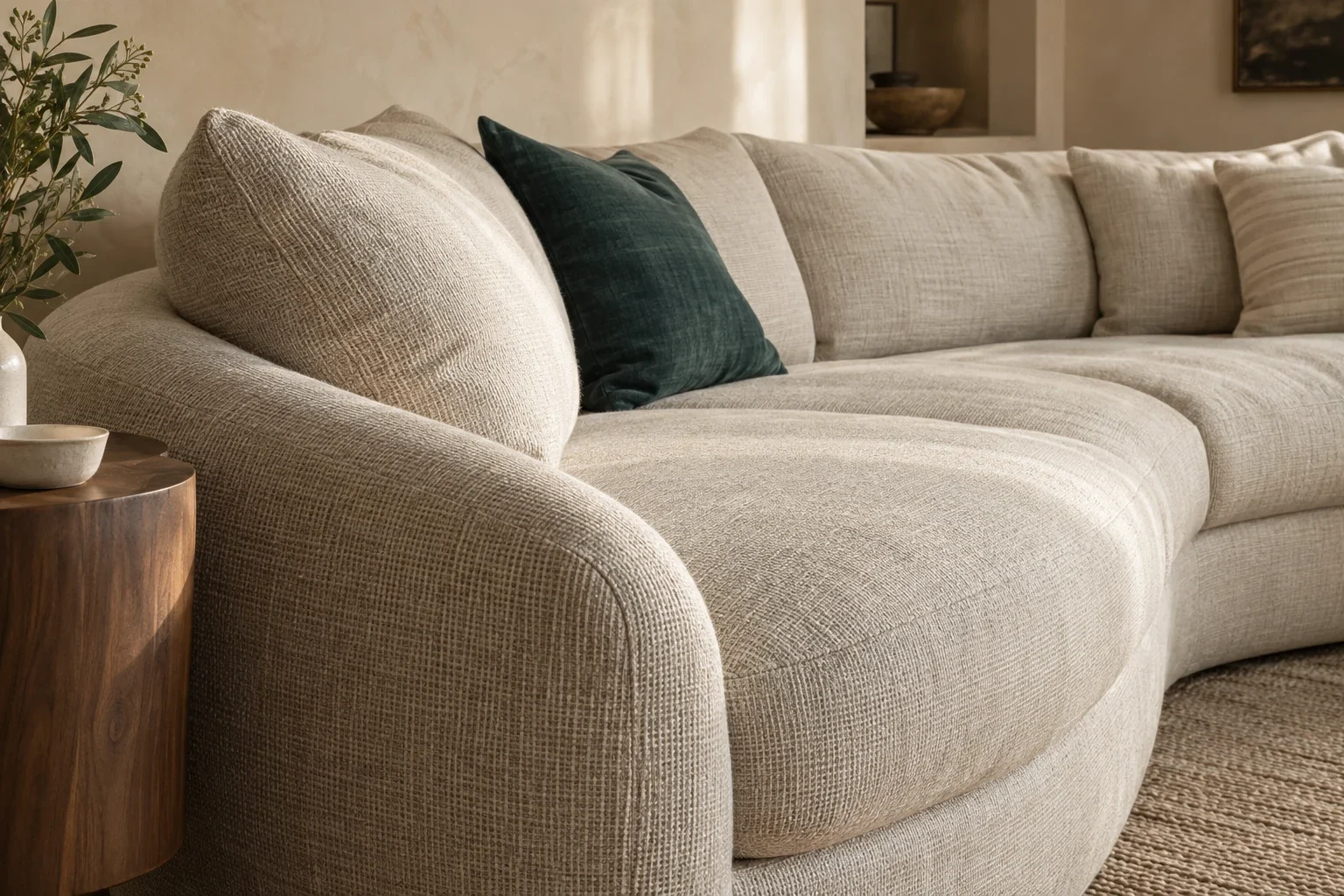 Curved cream sofa with textured upholstery and a deep teal cushion