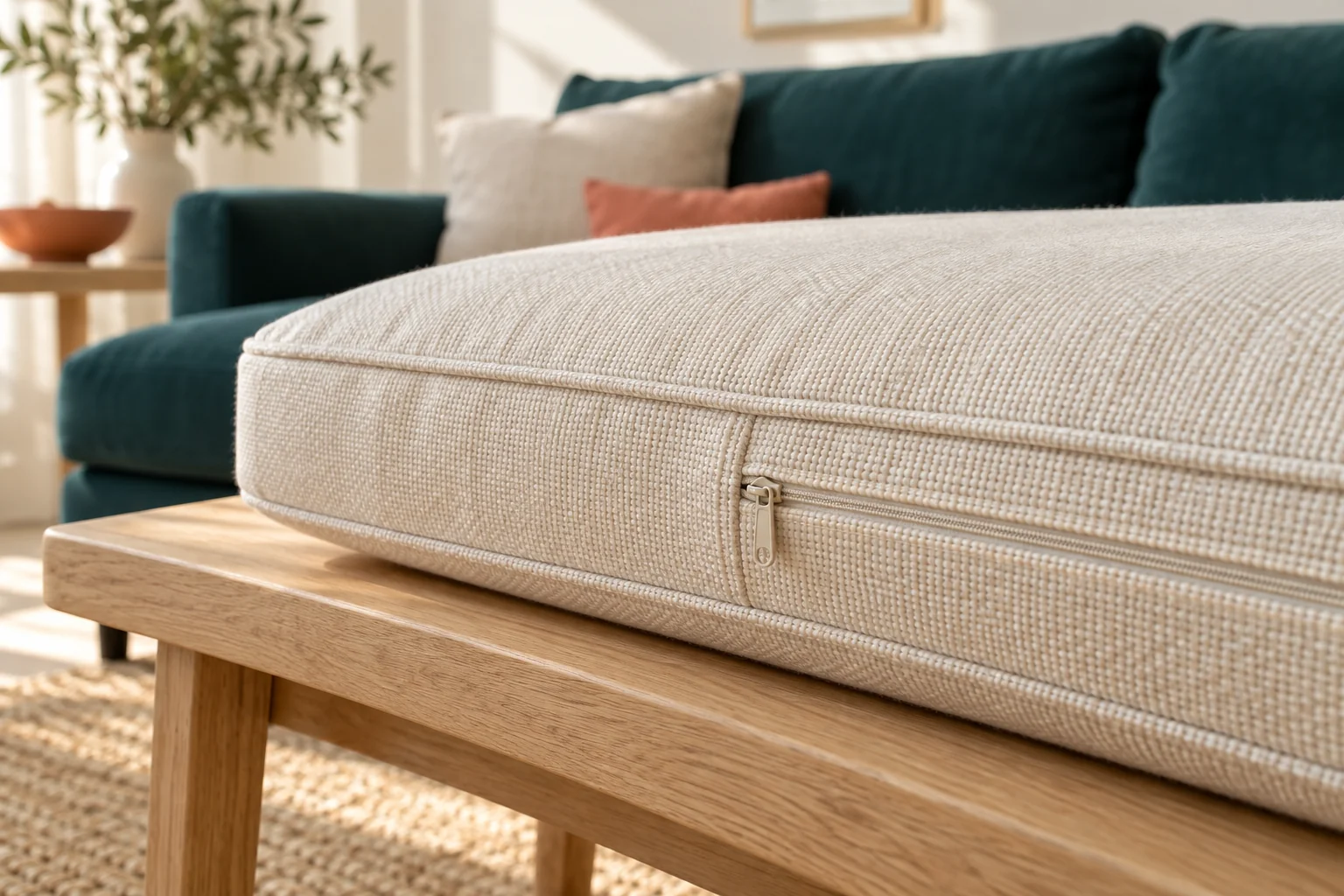 Ivory woven seat cushion with a closed zipper resting on an oak bench beside a teal sofa
