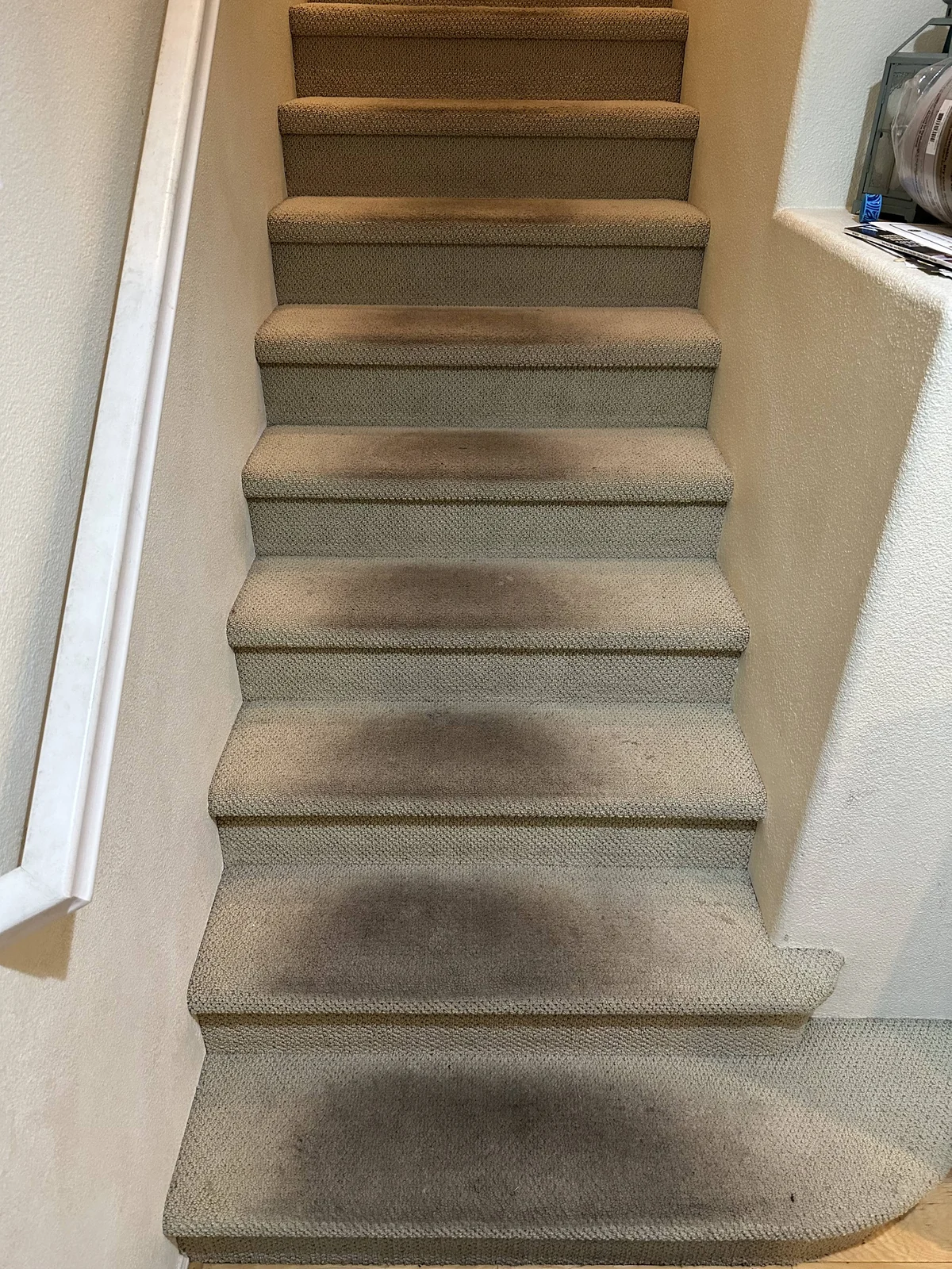 Carpeted staircase before cleaning: Prominent dark traffic areas on a curved staircase.