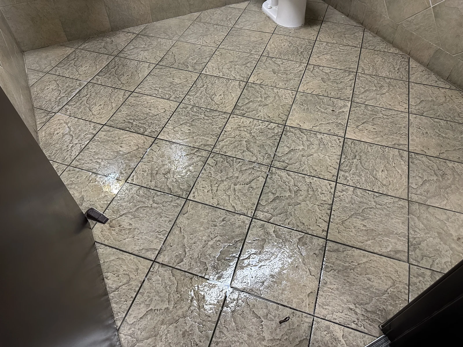 Commercial restroom tile and grout before cleaning: Darkened grout and visible soil on the textured tile by the restroom fixtures.