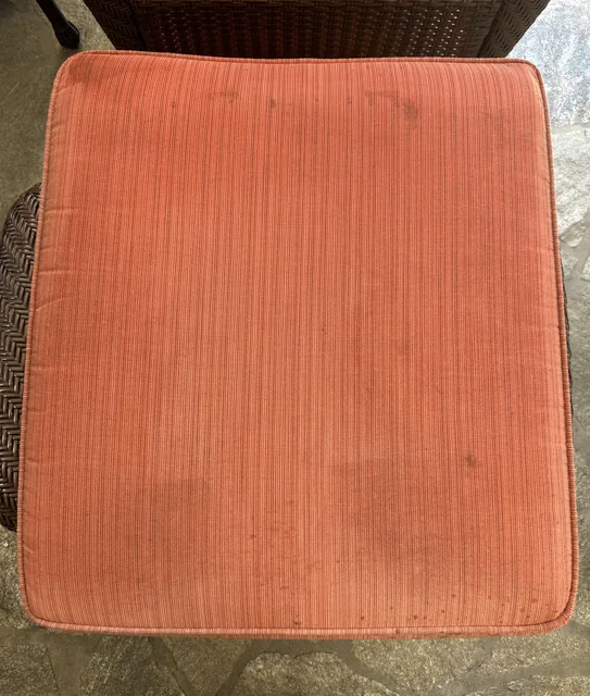 Coral upholstered seat cushion before cleaning: Dark marks scattered across a coral-colored seat cushion.