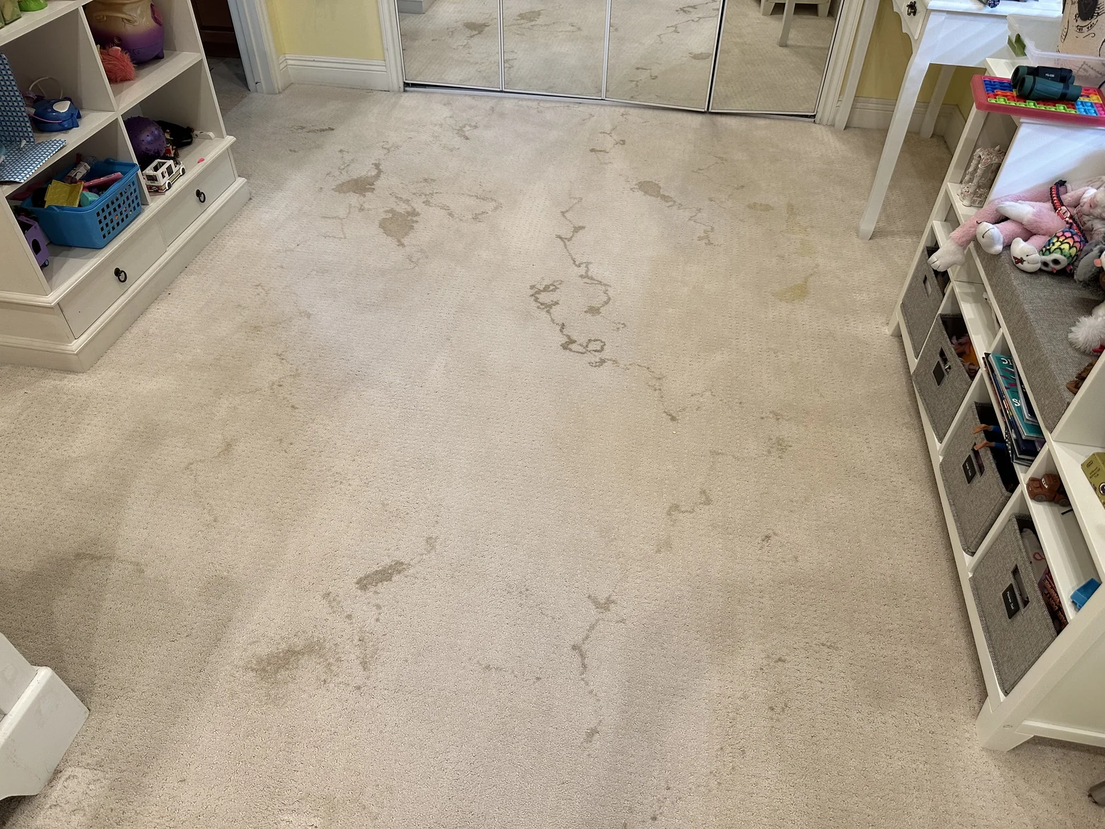 Fitted carpet before cleaning: Visible spots and darker patches across a family room.