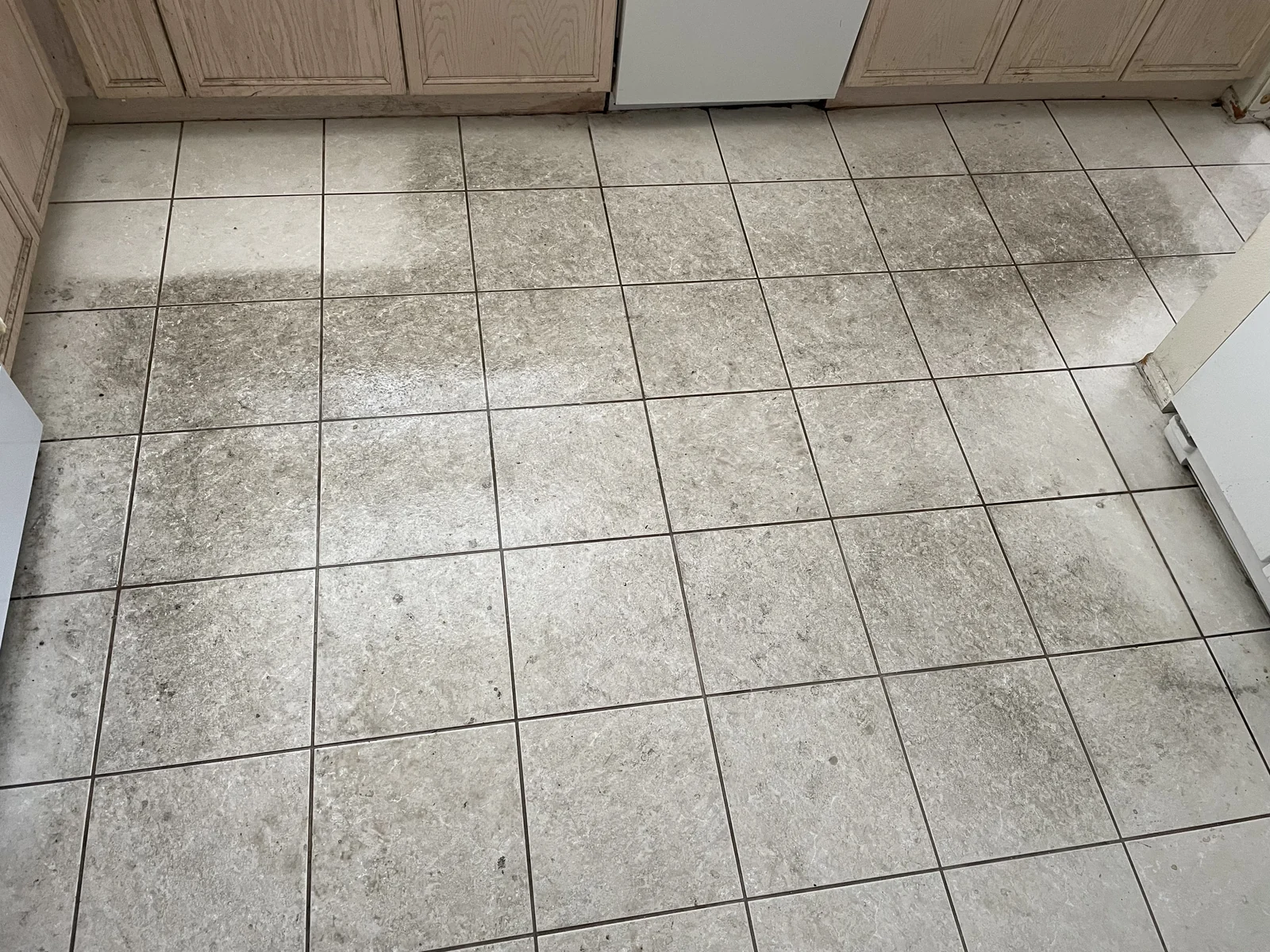 Square floor tile and grout before cleaning: Darkened grout lines and visible soil across a kitchen floor.