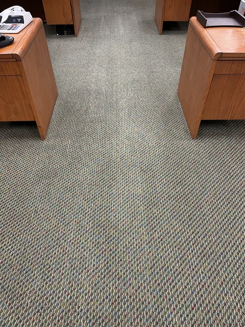 Commercial carpet after cleaning: A more uniform appearance through the walking areas between the desks.