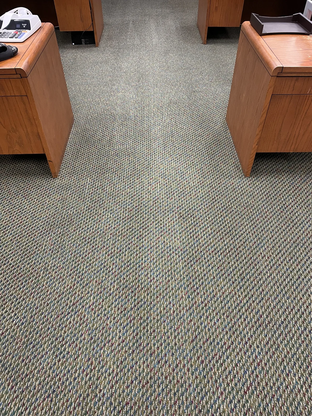 Commercial carpet after cleaning: A more uniform appearance through the walking areas between the desks.