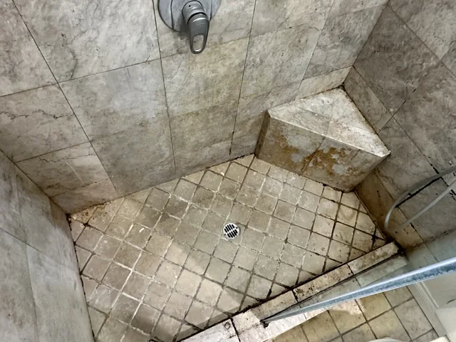 Shower tile and grout before cleaning: Visible discoloration across the shower floor and its grout lines.