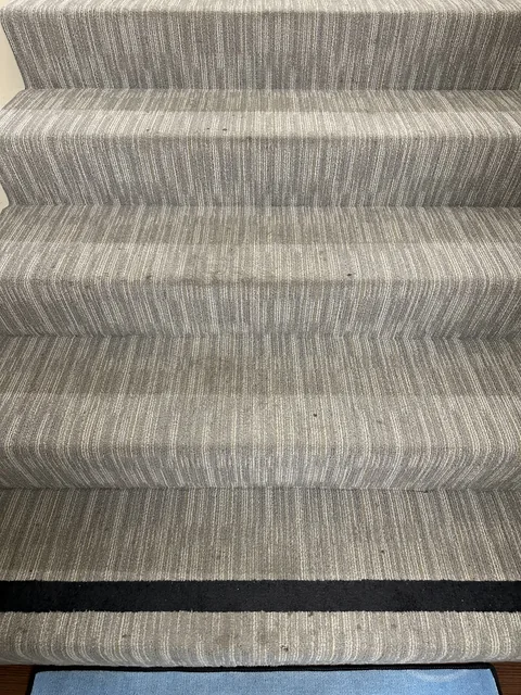 Striped stair carpet before cleaning: Small visible specks on the treads of a striped carpeted staircase.