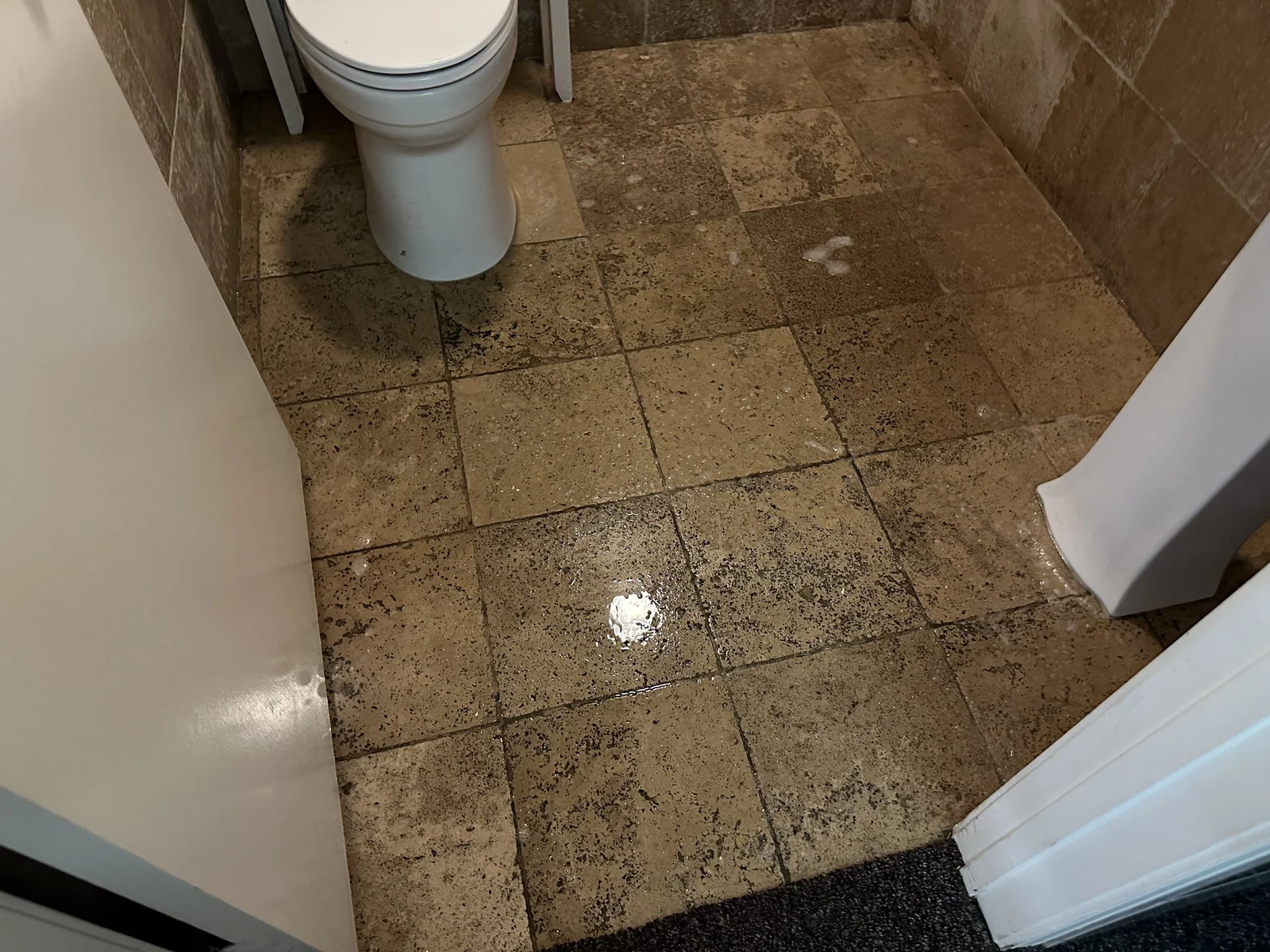Tan bathroom floor tile and grout before cleaning: Dark speckling and soiling across tan tiles around the bathroom fixtures.