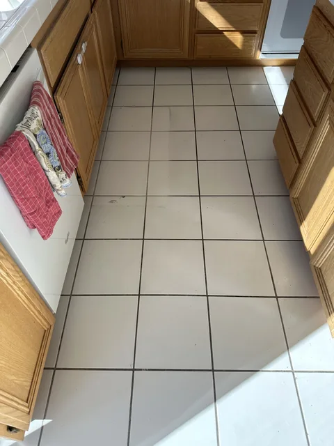White square kitchen tile and grout before cleaning: Dark grout lines and visible marks along a narrow kitchen floor.